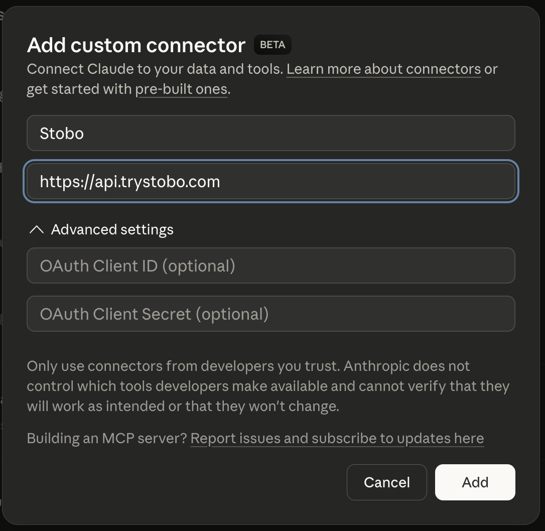 Claude Desktop MCP integration settings showing how to add a custom MCP server